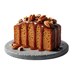 Golden-brown gingerbread cake wedge with moist crumbs, drizzled caramel, and toasted pecans on a dark gray plate against a transparent background, macro, indulgent dessert concept