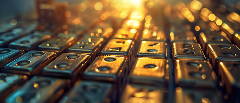 Golden array of metallic blocks with embossed numeric symbols creating a futuristic abstract