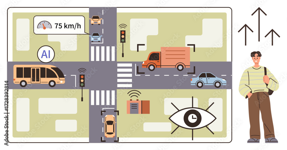 Poster ai-based traffic system analyzing vehicles and pedestrians at an urban intersection. ideal for techn