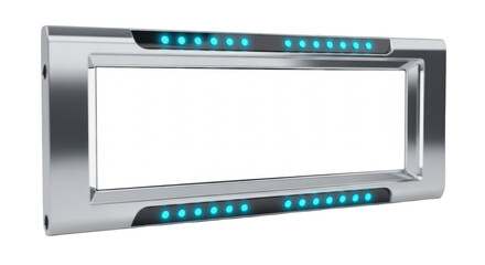 Sleek polished silver digital display border with vibrant cyan LED points, framing transparent copy space, photorealistic studio shot, concept of futuristic digital precision