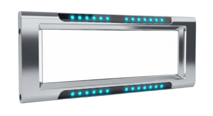 Sleek polished silver digital display border with vibrant cyan LED points, framing transparent copy space, photorealistic studio shot, concept of futuristic digital precision