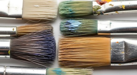 A close-up overhead view of various used paintbrushes with colorful bristles.