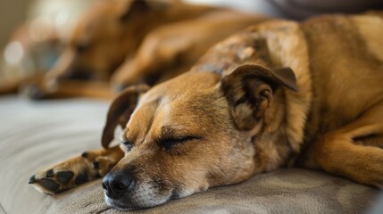 Dogs Sleeping Images, Showing scenes of dogs sleeping curled up on sofas, lying on carpets, nesting in dog beds, and snuggling with owners. Suitable for pet daily record matching images, pet product 