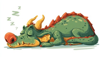 Fototapeta premium A cartoon dragon, green with orange accents, sleeps peacefully, exhaling 'z's on a white background