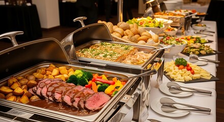 Fototapeta premium Buffet spread with roasted meats and vegetables at a catered event.
