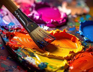 Obraz premium Close up of vibrant oil paints on an artists palette with a brush.