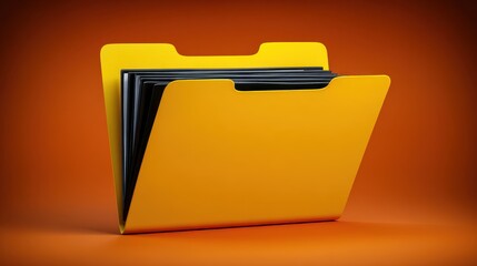 Bright yellow folder stands amidst a warm orange backdrop, showcasing organized documents ready for action in a creative workspace any time of day