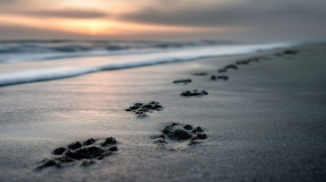 Dog paw prints in the sand on a beach at sunset. Animal tracks leading to the ocean as a concept of loss, memory, and remembrance