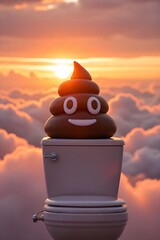 Smiling Poo Emoji on Toilet at Sunset