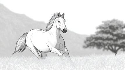 Graceful white horse galloping across a vast open field under a clear sky, capturing the essence of freedom and energy in a beautiful natural setting, coloring page, coloring book