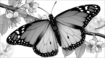 Intricate butterfly resting on blooming branch invites creativity and tranquility in a delightful coloring experience, coloring page, coloring book