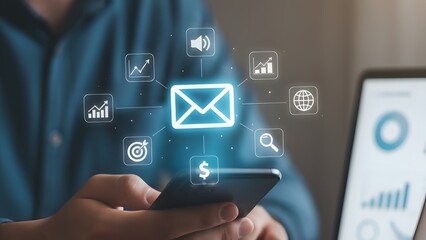 Email marketing campaign on mobile phone with social media icons