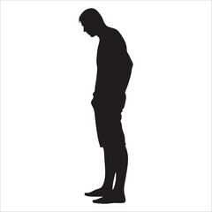 Side view silhouette of a man with head bowed down isolated on white background 