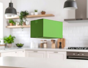 A vibrant green box suspended from the ceiling in a modern kitchen, surrounded by sleek appliances and warm wooden cabinetry, adding a pop of color.