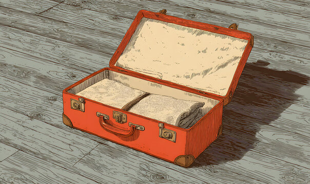 vector illustration of an open suitcase with a wooden background