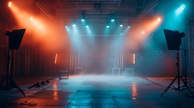 Illuminated stage with orange and blue lights and fog creating a dynamic and atmospheric scene on transparent background silhouette
