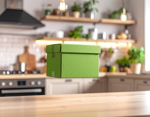 A vibrant green box sits on a wooden kitchen counter, its smooth surface reflecting soft light, surrounded by a few scattered kitchen utensils.