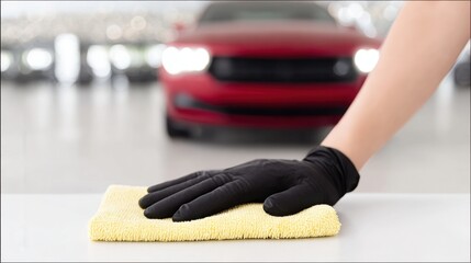 Hand scrubbing a car with a cloth in a bright space, showcasing cleanliness and attention to detail on a vehicle's surface while surrounded by a vibrant atmosphere