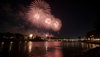 Fototapeta premium Stunning Fireworks Display Over Calm Waters at Nighttime