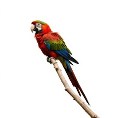 Fototapeta premium Vibrant Scarlet Macaw Perched Gracefully on a Branch Against White Background