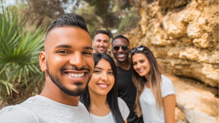 Naklejka premium Diverse friends enjoying a sunny day outdoors, capturing memories together amidst nature with smiles and laughter