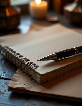 Stacked, ring-bound pages and a sleek ballpoint sit beside a small candle, the shallow depth of field turning the desk into a quiet corner for ideas to land.