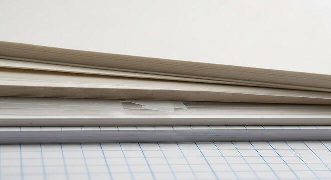 A close-up view of stacked blank paper sheets on top of blue grid graph paper.