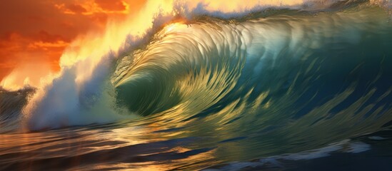 epic ocean wave, dramatic sunset sky, dramatic lighting, highly detailed, cinematic, 8k, photorealistic
