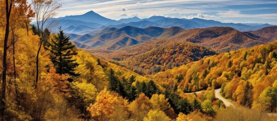 panoramic, breathtaking, scenic mountain landscape, lush forest, vibrant autumn foliage, rolling hills, blue sky, distant peaks, atmospheric lighting, picturesque, serene, nature photography, landscap