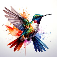 Fototapeta premium Vibrant hummingbird in flight, surrounded by colorful watercolor splatters