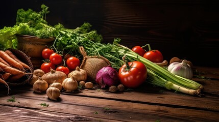 high-resolution, photorealistic, still life, fresh organic vegetables, tomatoes, carrots, radishes, bell peppers, leafy greens, onions, rustic wooden table, dramatic lighting, rich colors, detailed te
