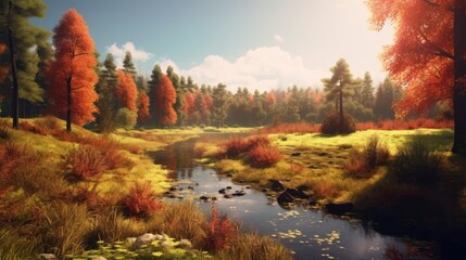 Obraz premium cinematic autumn landscape, serene forest, flowing river, vibrant foliage, dramatic sky, realistic digital painting, cinematic lighting, highly detailed, sharp focus, Unreal Engine 