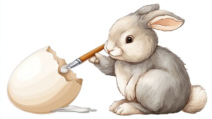 A cute grey bunny sits, delicately painting a cracked eggshell with a small paintbrush, against a white background