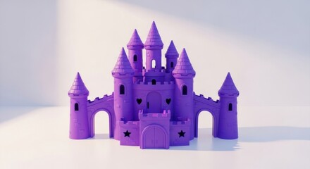 Purple Plastic Castle Toy on White Background Bright Lighting Children's Plaything