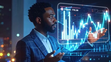 Futuristic Trading: African American Businessman Analyzing Stock Market on Digital Display - Powered by Adobe