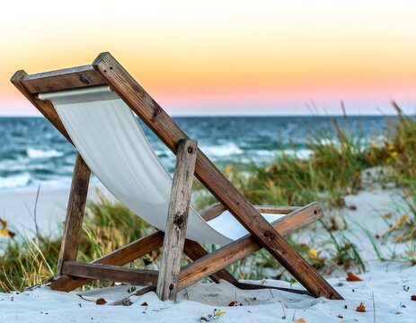 Wooden beach chair on the sand at sunset