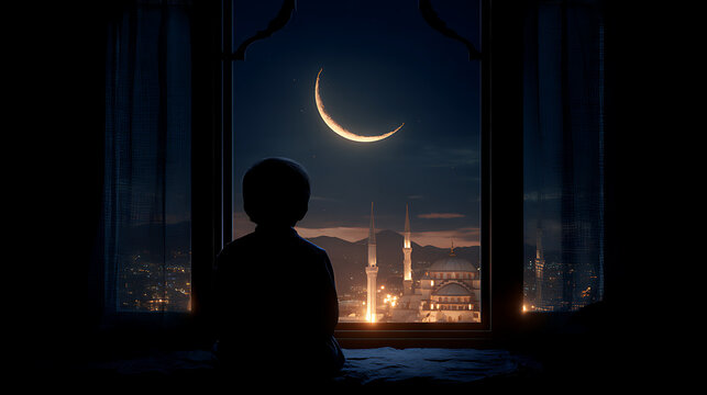 A child looking at the new moon from his window marking the end of Ramadan