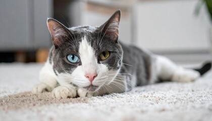 Charming Heterochromia Cat A Relaxing Portrait on a Cozy Carpet