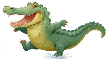Cartoon alligator with wide grin, open mouth, running forward, excited and animated, on a white background