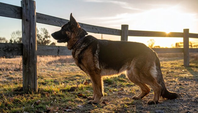 German Shepherd Dog Posing by a Wooden Fence at Sunset - Powered by Adobe