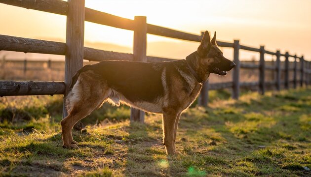 Majestic German Shepherd Dog Standing Proudly in a Golden Sunset Landscape