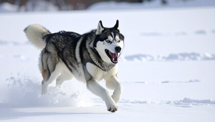 Naklejka premium Energetic Siberian Husky Unleashed Capturing the Joy of Running in a Snowy Landscape