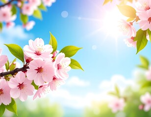 Vibrant pink blossoms on branches against a sunny, blue sky