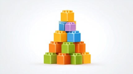 A pyramid structure composed of colorful plastic building blocks, various sizes and shades, arranged in a conical formation against a plain white background