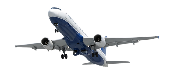 Commercial airplane taking off isolated on transparent background