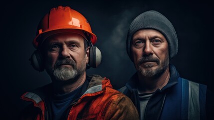 Based on the image, here is a prompt that could be used to generate a similar image: high quality portrait, two male workers, protective gear, rugged industrial setting, grunge, harsh lighting, moody 