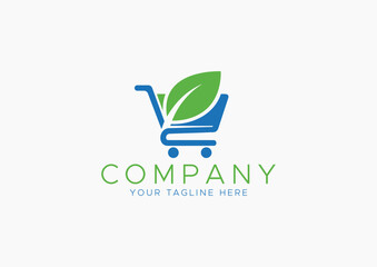 Eco-Friendly and Organic Shopping Logo Vector: Blue Shopping Cart with a Large Green Leaf Symbol
