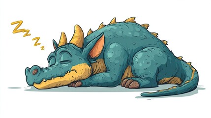 A teal and gold cartoon dragon naps peacefully on a white background, Zzz's above its head indicating sleep.  Its body is plump, and its expression is serene