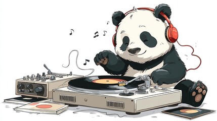 A cute panda wearing headphones skillfully mixes vinyl records on a turntable, surrounded by additional records and a mixer; musical notes float nearby