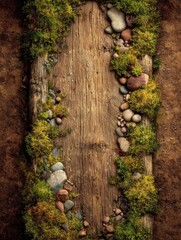 A rustic wooden plank, edged with vibrant moss and colorful stones, sits atop a bed of earthy brown soil.